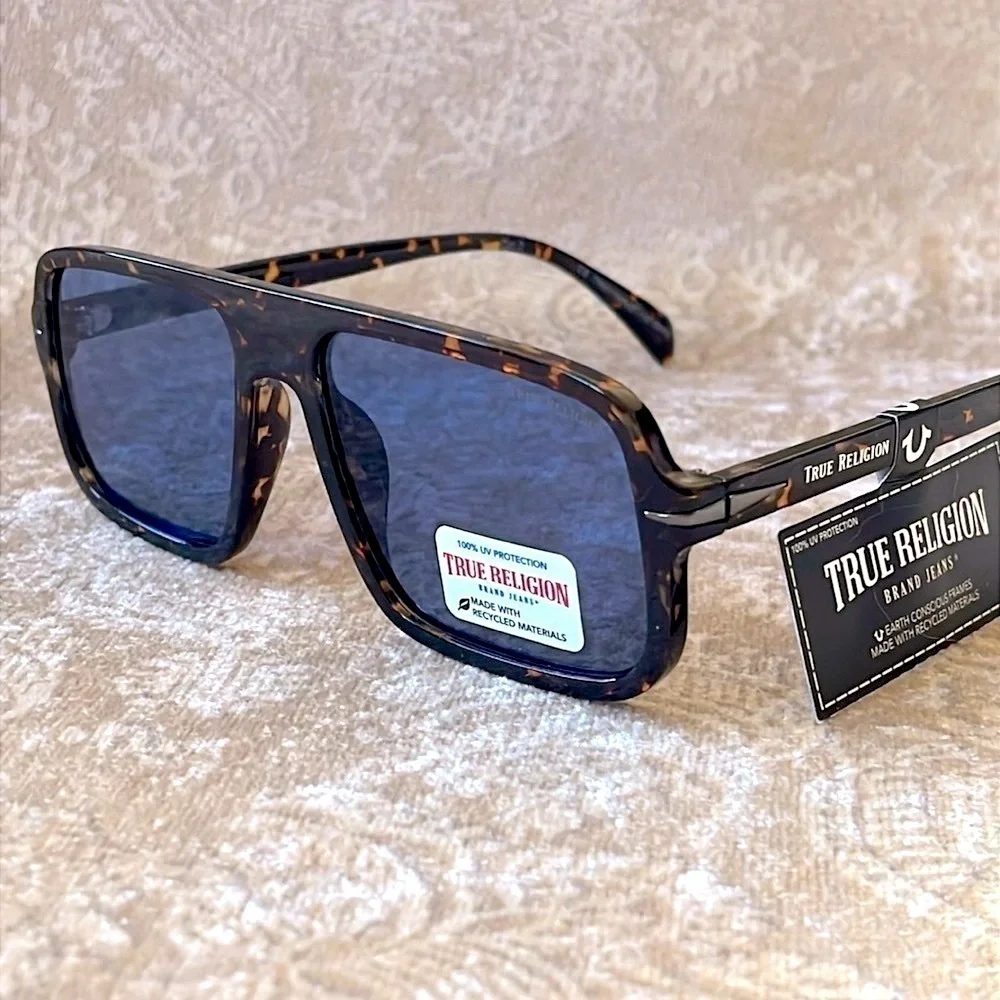 Brand New True Religion Tortoise Shell Retro Aviator Shield Sunglasses Blue Lens